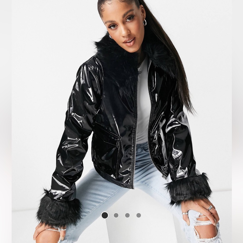 ASOS Threadbare Vinyl Jacket with Faux Fir Trim